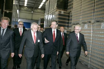 The President of the Republic of Slovenia, Dr Danilo Türk, and the President of the Republic of Croatia, Dr Ivo Josipović, visited the warehouse of manufactured goods and the manufacture of company Vetropack Straža (photo: Tina Kosec/STA)