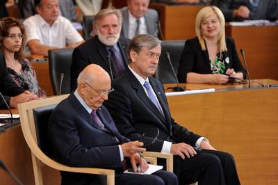 President of the Republic of Slovenia, Dr Danilo Türk, attends the address of the President of the Italian Republic, Giorgio Napolitano, to the deputies of the National Assembly of the Republic of Slovenia (photo: Nebojša Tejić/STA)