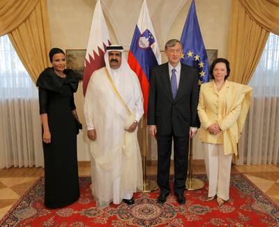 The President of the Republic of Slovenia, Dr Danilo Türk, and his wife, Barbara Miklič Türk, meet the Emir of the State of Qatar, His Highness Sheikh Hamad bin Khalifa Al-Thani, and Her Highness Sheikha Mozah Bint Nasser Al Missned (photo: Daniel Novakovič/STA)