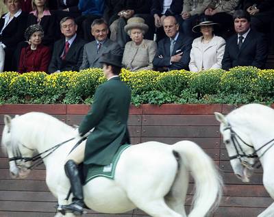 The President of the Republic of Slovenia, Dr Danilo Türk, and his wife, Barbara Miklič Türk, with Queen Elizabeth II and Prince Philip, Duke of Edinburgh, watched a riding display at the Lipica classical riding school (FA BOBO) 