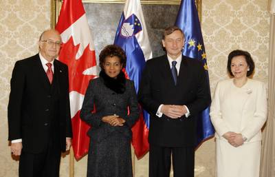 President of the Republic Dr Danilo Türk and Barbara Miklič Türk receive the Governor General of Canada, Michaëlle Jean, and her husband Jean-Daniel Lafond (FA BOBO)