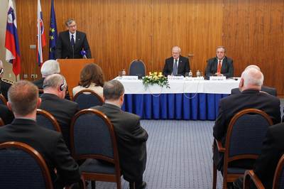 The President of the of the Slovak Republic, Ivan Gašparovič, and the President of the Republic of Slovenia, Danilo Türk, take part in the Slovenian-Slovak Business Conference (photo: Stanko Gruden/STA)