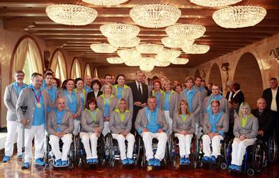 President of the Republic, Dr Danilo Türk and his wife, Barbara Miklič Türk, host a reception for the Slovenian Paralympic team at the closing of the 14th Paralympic Games 2012 in London (photo: Tina Kosec/STA)