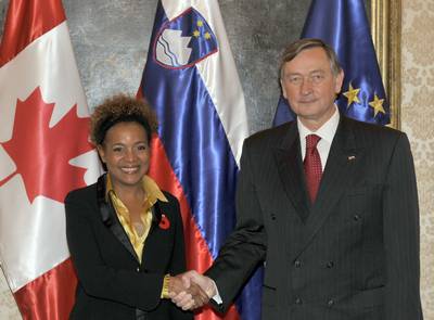 The President of the Republic of Slovenia, Dr Danilo Türk, receives the Governor General of Canada, Her Excellency the Right Honourable Michaëlle Jean (FA BOBO)