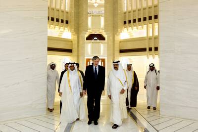The Emir of the State of Qatar, His Highness Sheikh Hamad bin Khalifa Al-Thani, receives the Slovenian President, Dr Danilo Türk (photo: Stanko Gruden/STA)