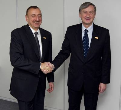 The President of the Republic of Slovenia, Dr Danilo Türk, meets the President of the Republic of Azarbaijan, Dr Ilham Aliyev (photo: Stanko Gruden/STA)
