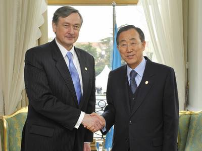 President Danilo Türk meets UN Secretary-General Ban Ki-moon on the margins of the 2nd Forum of the Alliance of Civilizations (FA BOBO)