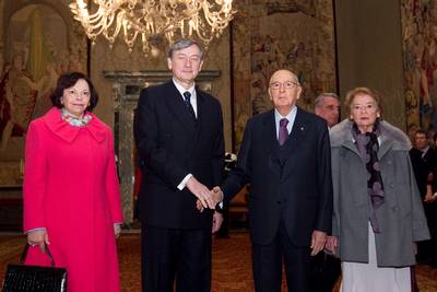 President of the Italian Republic Giorgio Napolitano and his wife Clio Napolitano receive Slovenian President Dr Danilo Türk and his wife Barbara Miklič Türk (photo: Stanko Gruden/STA)