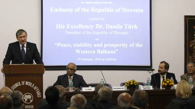 President Türk  gives a lecture at the Indian Council of World Affairs entitled "Peace, Stability and Prosperity in the Western Balkans" (photo: Tina Kosec/STA)