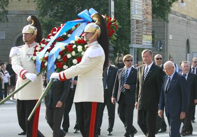 President of the Republic of Slovenia Dr Danilo Türk, President of the Italian Republic Giorgio Napolitano and President of the Republic of Croatia Dr Ivo Josipović lay a wreath at the memorial plaque dedicated to refugees from Istria, Rijeka and Dalmatia (photo: Tina Kosec/STA)