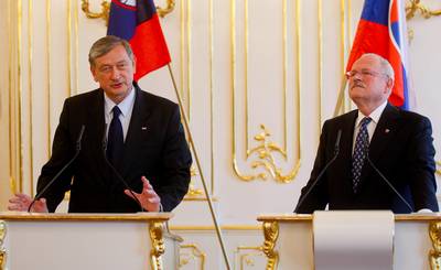 The President of the Slovak Republic, Ivan Gašparovič, receives the President of the Republic of Slovenia, Danilo Türk (photo: Stanko Gruden/STA)