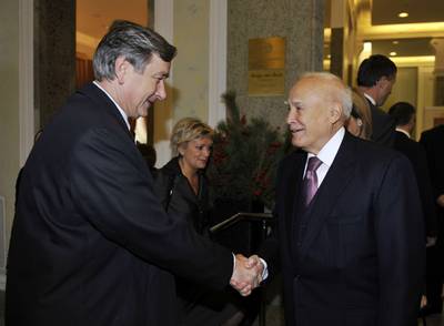 The President of the Republic of Slovenia, Dr Danilo Türk and the President of the Hellenic Republic, Dr Karlos Papoulias, taking part in the Slovenian-Greek Business Conference (FA BOBO)