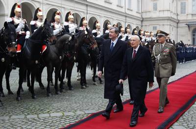 President of the Italian Republic, Giorgio Napolitano, offers a farewell to the Slovenian President, Dr Danilo Türk, with military honours (photo: Stanko Gruden/STA)