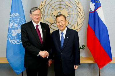 The President of the Republic of Slovenia, Dr Danilo Türk, meeting with the United Nations Organization Secretary-General Ban Ki-moon (photo: Stanko Gruden/STA)