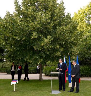 With a short ceremony in the Jardin du Luxembourg, a Paris park, President Türk and the Speaker of the French Senate Mr. Larcher symbolically consecrated a 20-year-old lime tree to the 20th Anniversary of the Republic of Slovenia's Independence and to Franco-Slovenian friendship (photo: Stanko Gruden/STA)