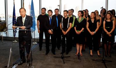 Generalni sekretar Organizacije združenih narodov Ban Ki-moon je nagovoril udeležence sprejema, ki ga je ob 20. obletnici samostojnosti Republike Slovenije priredila veleposlanica – vodja Stalnega predstavništva Republike Slovenije pri Organizaciji združenih narodov v New Yorku Sanja Štiglic (foto: Stanko Gruden/STA)
