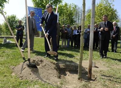 Predsednik republike dr. Danilo Türk je ob mednarodnem dnevu Zemlje posadil drevo v nastajajočem ljubljanskem Parku prijateljstva (foto: Nebojša Tejić/STA)