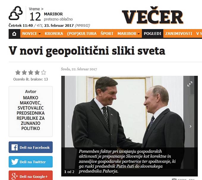 časopis Večer; Marko Makovec: Slovenija v novi geopolitični sliki sveta