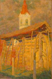 Krajina s kozolcem in s cerkvijo